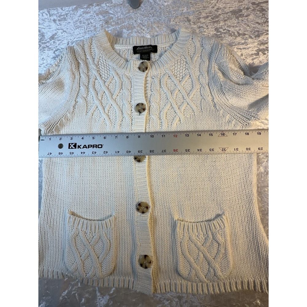 Vintage Y2K Eddie Bauer Womens L Petite Cable Knit Cardigan Sweater Ivory - Picture 8 of 8